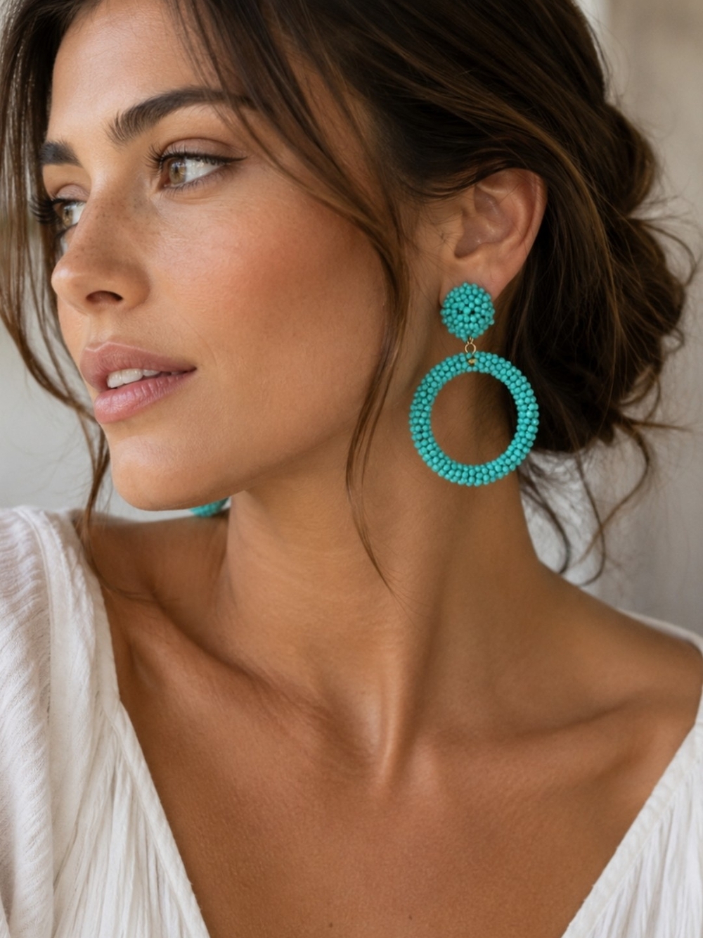 Turquoise Beaded Hoop Statement Earrings - Women Jewelry